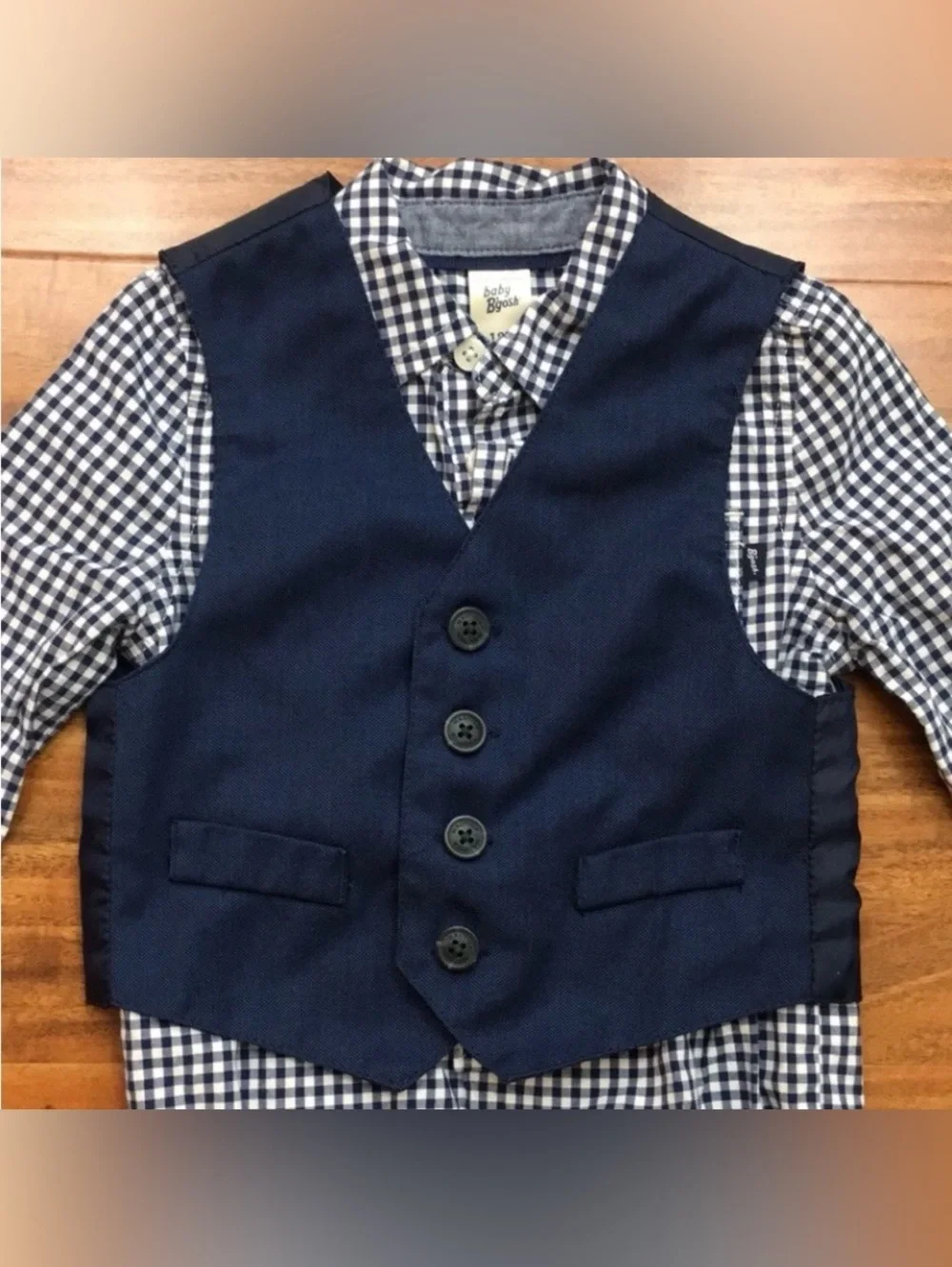 3/$25 Baby OshGosh Boy Navy Gingham Button Shirt Onesie Vest Size 18M Preppy
